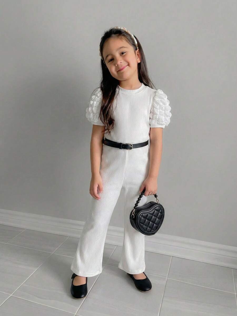 SHEIN 女婴可爱夏季针织百搭泡泡袖连体衣 - 白色 - 查看 1