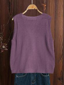 Linhara 大码女式纯色针织V领无袖纽扣休闲毛衣背心，春秋季 - 中紫紅色 - 查看 2