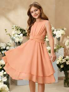 SHEIN 女童优雅紫色无袖中长连衣裙，适合派对、假日、正式场合、婚礼、生日、演出及其他活动 - 橘色 - 查看 7