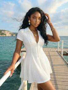 Slaydiva White Dress New Early Spring, Spring And Summer Music Festival, Valentine's Day, Easter, Bohemian Style, Nomadic Style, Casual And Simple Basic Style, Cruise Party, Birthday Party, Daily Date, Casual Vacation, Elegant Commuting, POLO Collar, Zipper Style, Half-Opening Front, A-Line Skirt, Short-Sleeved White Dress, Texture Fabric, Women's Mini Dress -A - White - View 8