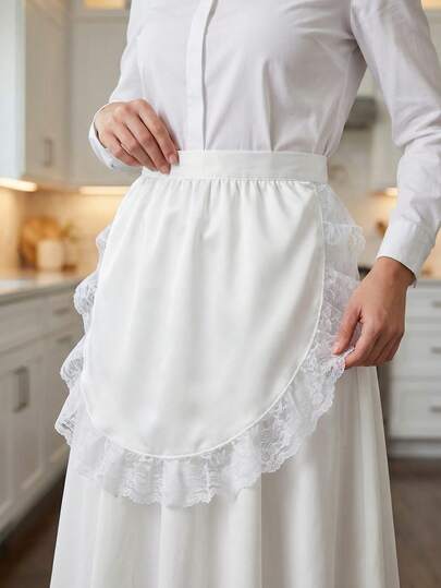 单件荷叶边纯色白色蕾丝装饰围裙，厨房餐厅短款围裙，耐脏，适合日常使用。