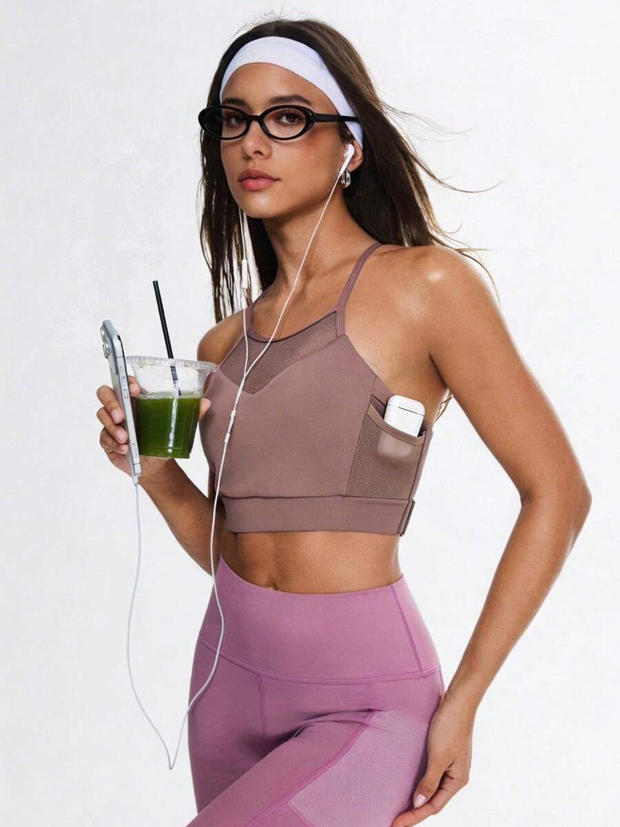 Dewbera Women's Mauve Sports Bra With Side Pockets, Mesh Panel, Strappy Cross Back, Adjustable Straps, Stretchy Workout Crop Top For Yoga, Running, Gym Fitness Activewear,Mesh Workout Top, Activewear Tops,Workout Tops For Women - Coffee Brown - View 1