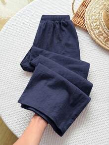 SHEIN Tween Girls' Casual Minimalist Comfortable Mid-Rise Straight Leg Pants - Navy Blue - View 2