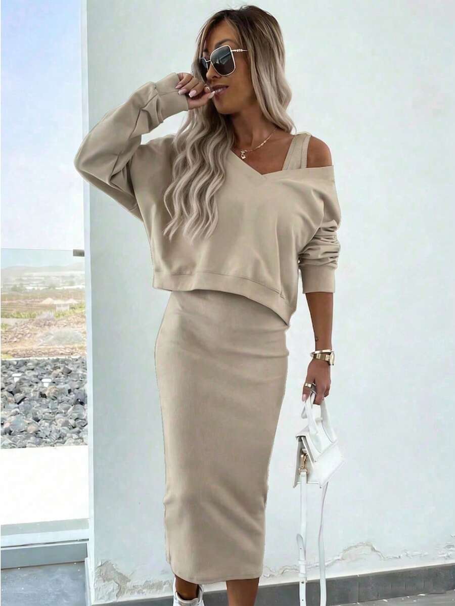 INAWLY 2pcs/Set Women V-Neck Drop Shoulder Long Sleeve Top And Sleeveless Dress - Apricot - View 1