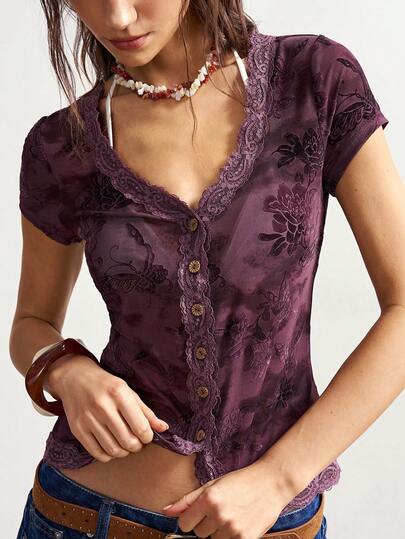 Bohemela BOHO Summer Casual Vacation Solid Color Knit Lace Short Sleeve V-Neck Fitted Women Top
