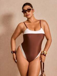 Elaquor Áo tắm liền thân cỡ lớn dành cho nữ, phối màu tương phản, kiểu dáng thường ngày, có dây đeo. - Cà phê nâu - Xem 6