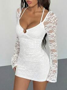 StreetHx 街头风女式朋克蕾丝吊带性感时尚短款长袖连衣裙 - 白色 - 查看 5