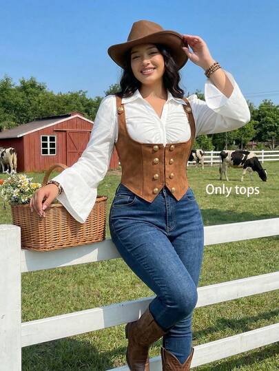 SHEIN MOD Blusa minimalista de tiras anchas con botones delanteros de estilo vintage para mujer de talla grande, para uso diario, atuendos vintage, ropa de mujer para primavera/verano