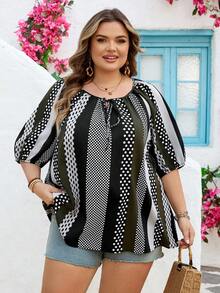 SHEIN CURVE+ Áo kiểu nữ cỡ lớn US22, thích hợp cho lễ hội âm nhạc, kỳ nghỉ ven biển, phong cách bohemian, phối màu kẻ sọc, thích hợp cho kỳ nghỉ hè/đồng quê/bãi biển/trang phục đi biển. - xanh quân đội - Xem 6