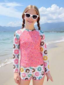 Tween Girls Bikini Sets Two Pieces Girls' Swimsuit With Bright And Cute Donut And Sugar Prints; Four-Sided Swim Trunks With Sugar Print Ties; Long-Sleeved-Dry For Summer Beach Surfing And Beach Vacations. - Multicolor - View 1