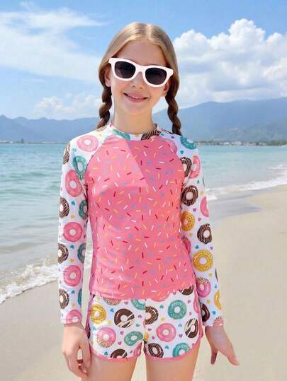 Tween Girls Bikini Sets Two Pieces Girls' Swimsuit With Bright And Cute Donut And Sugar Prints; Four-Sided Swim Trunks With Sugar Print Ties; Long-Sleeved-Dry For Summer Beach Surfing And Beach Vacations.