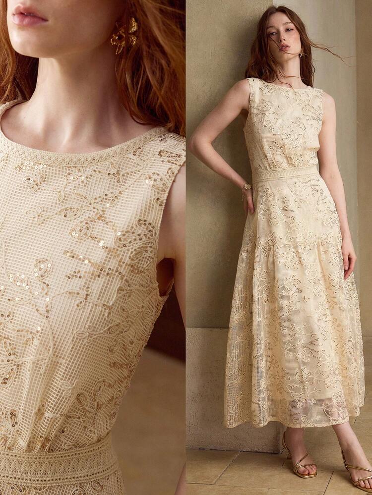 ELEGANT CONTRAST SEQUIN SLEEVELESS MIDI DRESS