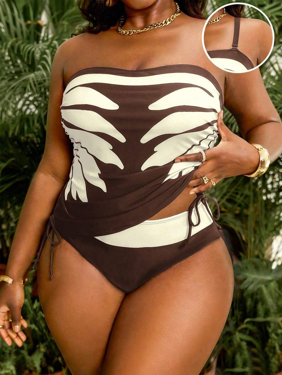 Slaydiva 2pcs Plus Size Women Set, Printed Bandeau Top With Drawstring And High Waist Patchwork Bikini Bottom - Multicolor - View 1