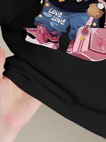 Teen Girls Black Casual Loose Fit Short Sleeve T-Shirt Set, Cool Sunglasses & Bear Print Pattern, Pockets, Suitable For Spring & Summer, Comfortable Casual Wear, Cool Summer Series, Must-Have For Teenage Girls, Back To School Essential, Summer Girls Fashion Basics, Spring & Summer Korean Style, Daily Teenage Fashion - Multicolor - View 8