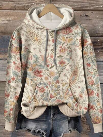 EMERY ROSE Women's Outdoor Casual Vintage Outfit, Autumn/Winter New Arrival, Floral Print Design, Street Photography, Back To School, Teacher's Day, Apricot, Plus Size Sweatshirt
