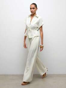 Maija 2pcs White Women's Cinched Waist Ruched Tie-Up Vacation Set, Spring/Summer Beach Outfit Wedding Holiday Outfits - White - View 4