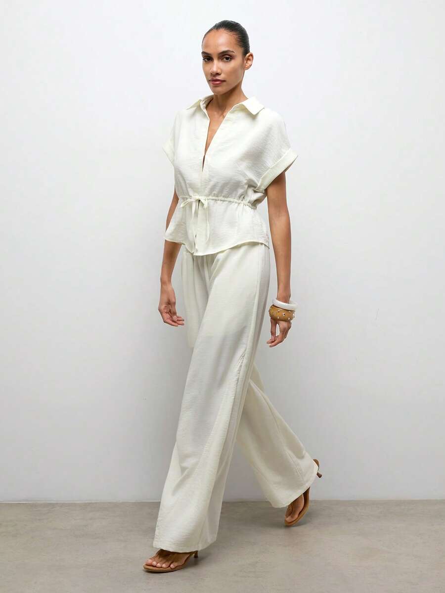 Maija 2件套白色女士束腰褶皱系带度假套装，春夏款 - 白色 - 查看 1