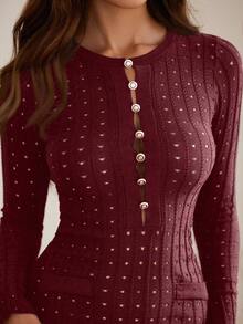 EMERY ROSE Robe pull mi-longue élégante noire à col boutonné, taille marquée, coupe slim et sexy, avec manches longues et décolleté dos nu - Rouge - Voir 2
