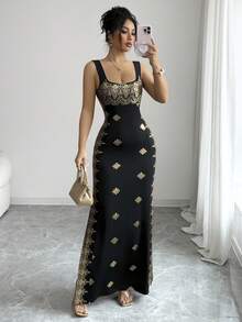 SHEIN Raffinéa Women's Shiny Gold & Black Summer New Dress, Square Neck Spaghetti Strap Backless Slit Hem Fitted High Waist Dress, Suitable For Party, Wedding, Business Banquet, Daily Occasions, Gala, Wedding Party, Holiday Attire - Black - View 5