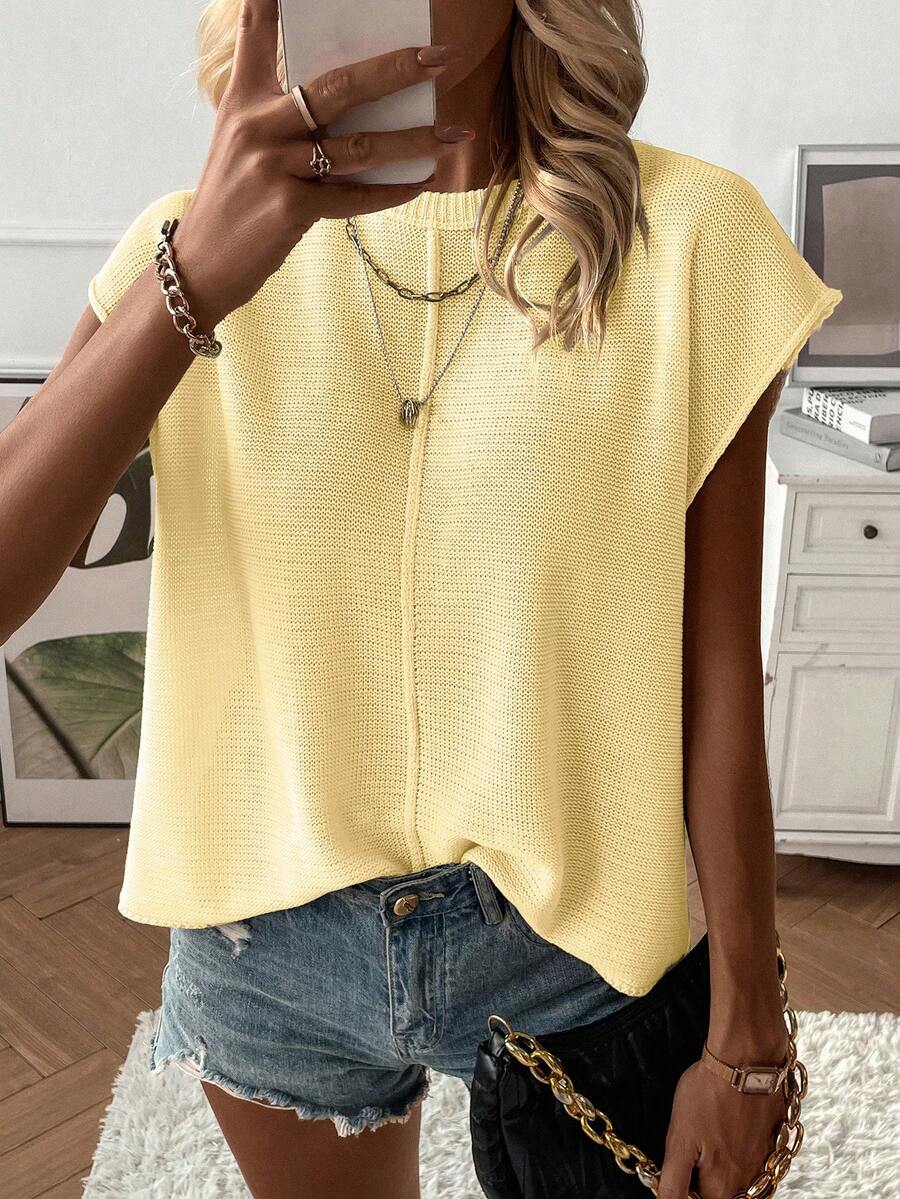 EMERY ROSE Women's Casual Solid Color Batwing Sleeve Sweater Vest, Summer - Yellow - View 1