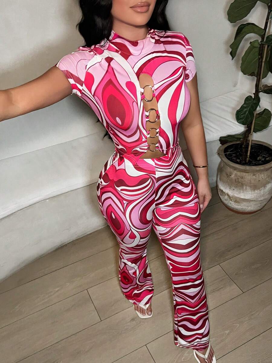 SHEIN SXY 女士夏季时尚全印花镂空露脐上衣和裤子两件套 - 彩色 - 查看 1