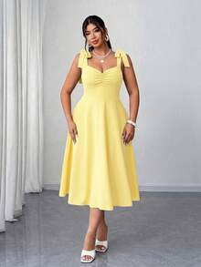 Elenzga 大码女士优雅浪漫褶皱A字吊带连衣裙，红色，春秋季女士夏季连衣裙，高品质连衣裙，女士正装，女士休闲连衣裙，女士优雅经典连衣裙 - 黃色 - 查看 5