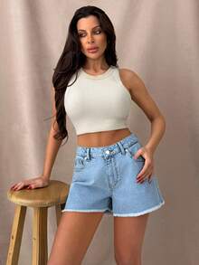 SHEIN Casual Washed Frayed Hem Denim Shorts, Summer Vacation Light Blue - Light Wash - View 5
