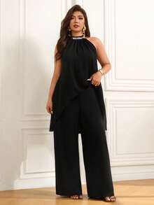 Femmeverse Bộ đồ 2 mảnh dành cho nữ cỡ lớn, xếp ly, cổ yếm, đính sequin và phối nhiều mảnh, quần ống rộng cạp cao dáng suông. - màu đen - Xem 3