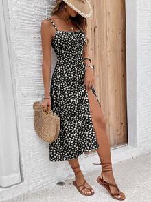 SHEIN Frenchy 休闲简约风度假雏菊印花高开衩性感吊带中长连衣裙，适合春夏假期穿着 - 彩色 - 查看 6