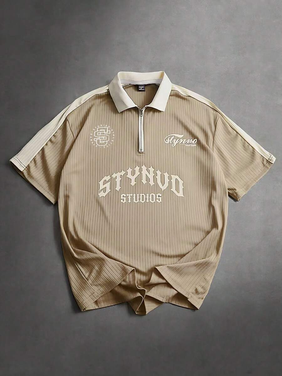 STYNVO 男士休闲撞色字母印花短袖Polo衫，夏季 - 杏色 - 查看 1