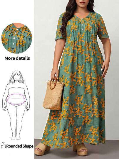 Enliva 大码碎花半纽扣连衣裙，夏季