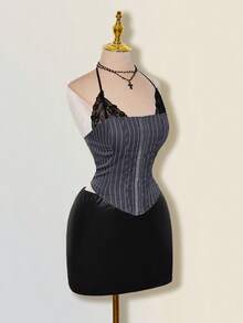 SHEIN ICON Women's Striped Contrast Lace Halter Neck Camisole - Grey - View 9