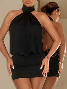 SHEIN ICON Vestido mini ajustado con cuello alto, espalda descubierta y drapeado - Negro - Ver 5