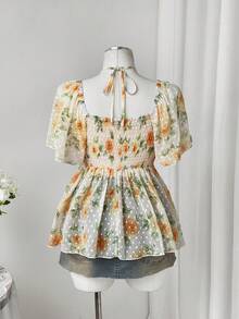 Sweetra New Vacation Elegant Sexy Beach Floral Print Textured Deep Shirred Ruffle Strap Puff Sleeve Blouse Top For Women, Cinched Waist Boho - Multicolor - View 2