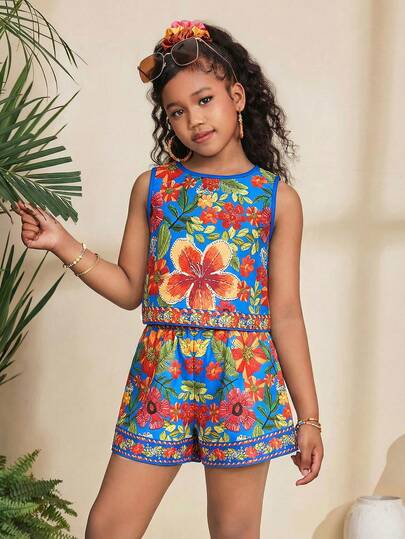 SHEIN Tween Girls' Casual Tropical Floral Print Crop Top & Shorts Set, Beach Vacation