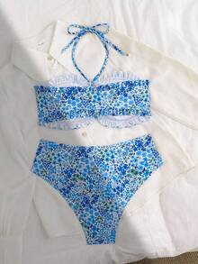 SHEIN Swim Women's Summer Beach Vacation New Cute Strapless Floral Ruffled Ditsy Floral Matching Delicate Pearl Pendant Drawstring Bikini Set - Multicolor - View 4