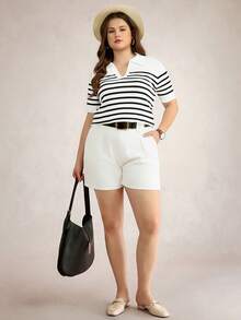 Zelara Plus Size Women's Black And White Striped Polo Shirt,Short Sleeve Knit Top For Summer Vacation Holiday,Traditional Sailor Nautical Yacht Outfit - Black and White - View 6