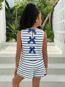 Tween Girl Spring/Summer New Knit Minimalist Striped Sleeveless Top With Bow Decor And Shorts 2-Piece Set Summer Two Piece Set For Teen Girls Women 2 Piece Sets Summer Romper For Teen Girls Tween Girl Clothes Romper Mommy And Me Romper - Blue - View 5