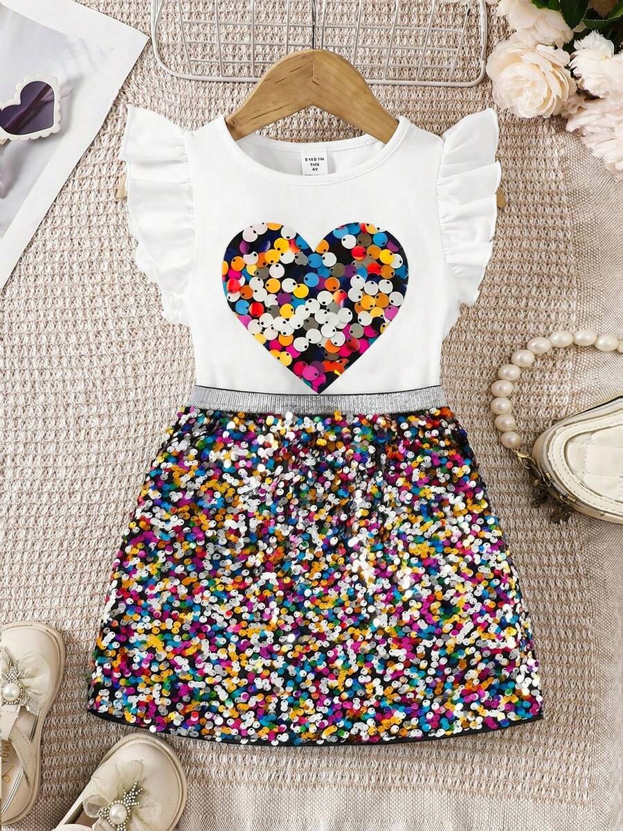 2件套女童针织派对亮片印花T恤和迷你裙套装 - 彩色 - 查看 1