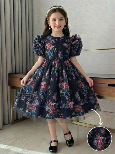 SHEIN 女童复古印花束腰蕾丝网纱连衣裙，简约优雅时尚，舒适百搭，适合外出、度假、休闲穿着，夏季必备