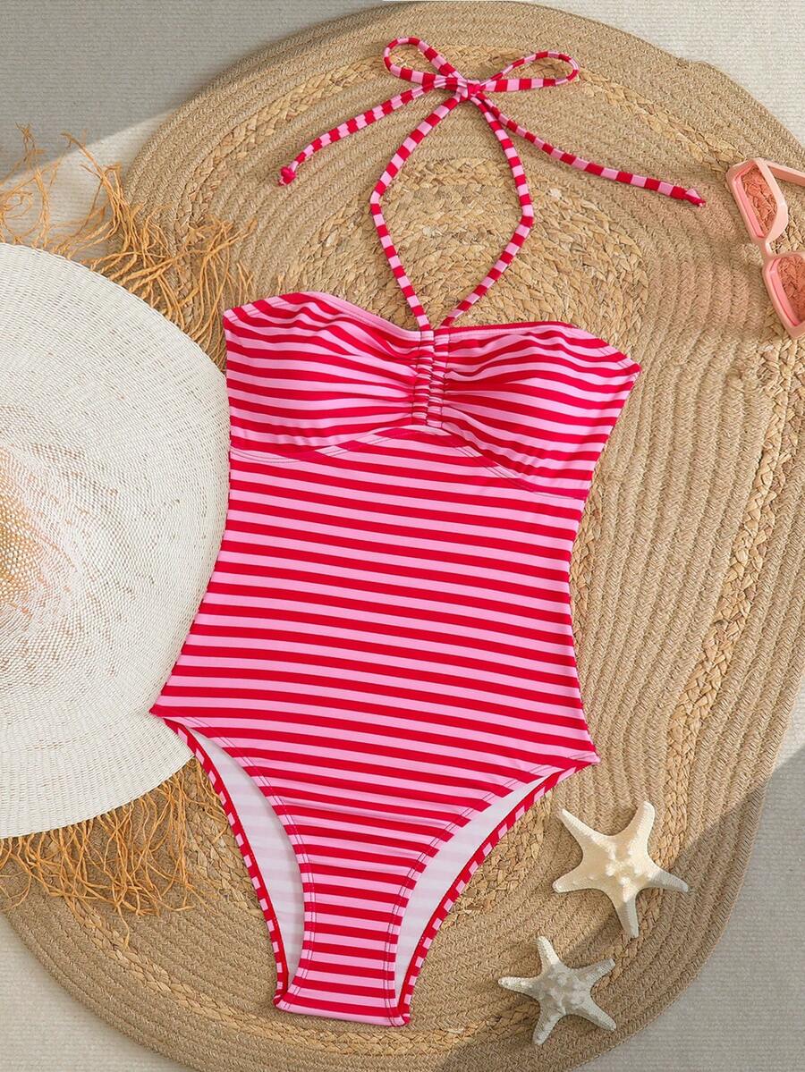 Swim Mod Women's One-Piece Tropical Cute Striped Print Front & Middle Tie Neck Bandeau Backless Beach Party Swimsuit - Multicolor - View 1