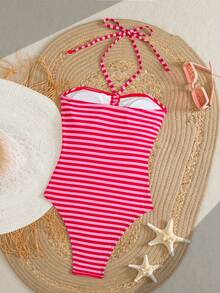 Swim Mod Women's One-Piece Tropical Cute Striped Print Front & Middle Tie Neck Bandeau Backless Beach Party Swimsuit - Multicolor - View 4