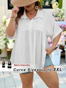 SHEIN CURVE+ Curve 尺码 US22 音乐节、海滨度假、波西米亚夏季休闲简约瑞士圆点前开襟衬衫 - 白色 - 查看 12