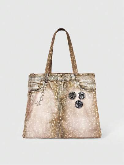 ROMWE Goth 1 chiếc huy hiệu chữ thập đầu lâu màu nâu trang trí phong cách Y2K Punk in hình hươu nai, túi tote nữ thời trang và đơn giản, túi đeo vai dung tích lớn trang trí hình ngôi sao năm cánh bằng kim loại, thích hợp cho trường học, đi làm, có thể đựng được sổ tay xách tay.