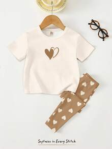 Bộ đồ bé gái màu trắng kem và kaki, họa tiết trái tim tối giản ngọt ngào, hình hươu dễ thương, áo thun ngắn tay cổ tròn thoải mái mềm mại và quần legging, thích hợp cho bé gái mặc hàng ngày vào mùa xuân/hè, ở nhà, đi nghỉ mát, dạo phố, dự tiệc, trang phục mùa xuân & hè, thoải mái dễ chịu, phong cách cho bé gái, trang phục thường ngày, quần áo trẻ em họa tiết trái tim, quần áo mùa hè, mùa hè sành điệu, phong cách mới. - Nhiều màu - Xem 4