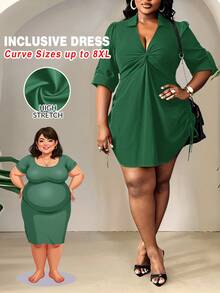 SHEIN CURVE+ 优雅日常通勤派对约会性感修身纯色锈红色长袖褶皱扭结侧边抽绳腰身女士加大码迷你衬衫裙，春秋季沙滩装/沙滩裙/沙滩度假装/沙滩必备/毕业典礼/下午茶会礼服夏季/乡村/沙滩度假装/沙滩装/沙滩服饰 - 綠色 - 查看 8