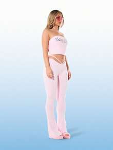 BABYPHAT Strapless Bandeau Tube Top With Gothic Text Print Crop Length Summer Fashion Top - Pink - View 5