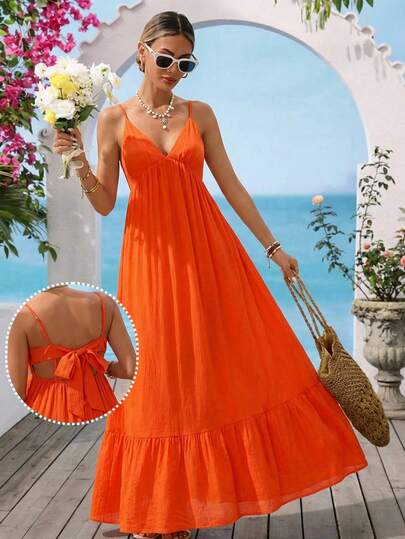 Vivid Eden Women's Summer Vacation Solid Color Ruffle Hem Spaghetti Strap Dress,Vacation,Vacation Style,Orange,Backless Design,Women Boho Solid Color Simple Daily Back Bow Tie Dress, Romantic Orange Beach Vacation V-Neck Pleated Backless A-Line Cami Long Dress For Spring Summer Hawaii,Valentine Outfits For Women,Summer Holiday Outfits