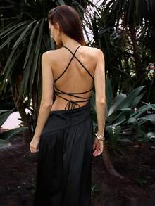 Maija Women's Black Summer Seksi Chic Vacation Holiday Maxi Dress,Elegant Cutout Waist One Shoulder Asymmetrical Gowns,A-Line Formal Wedding Party Dress - Black - View 2