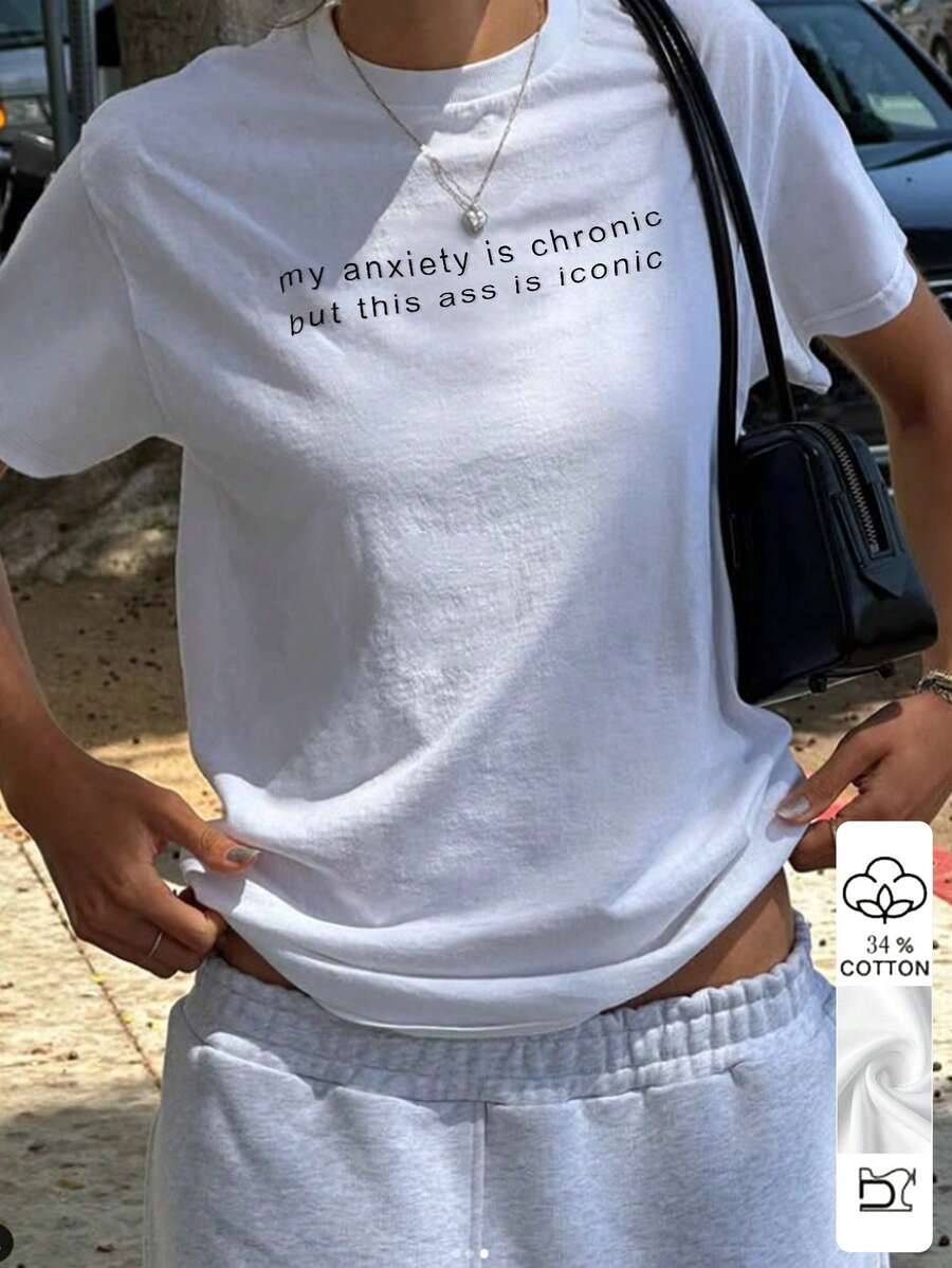 SHEIN Áo thun nữ tay ngắn cổ tròn in chữ, kiểu dáng thường ngày, thích hợp cho mùa hè. - trắng - Xem 1